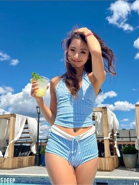 Blue Gingham Halter Tankini Top & Shorts Swim Set